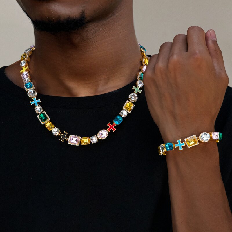 10mm Multicolored Diamonds Enamel Cross Bracelet&Necklace Set in Gold